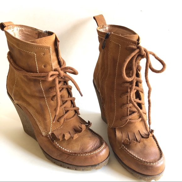 Shoes - Leather Kiltie wedge ankle distressed boot booties